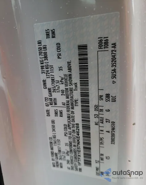 2022 Ford F150 Super Cab из США, поврежденный, VIN 1FTFX1E57NKE46268